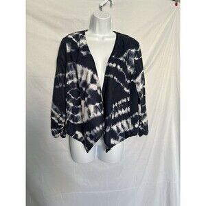 I N C,  Navy Blue Linen / Lace Tye Dye Open Front Top/ Jacket, 3/4 Ruched Sleeve